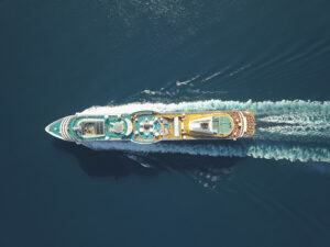 Aerial view large cruise ship at sea, 